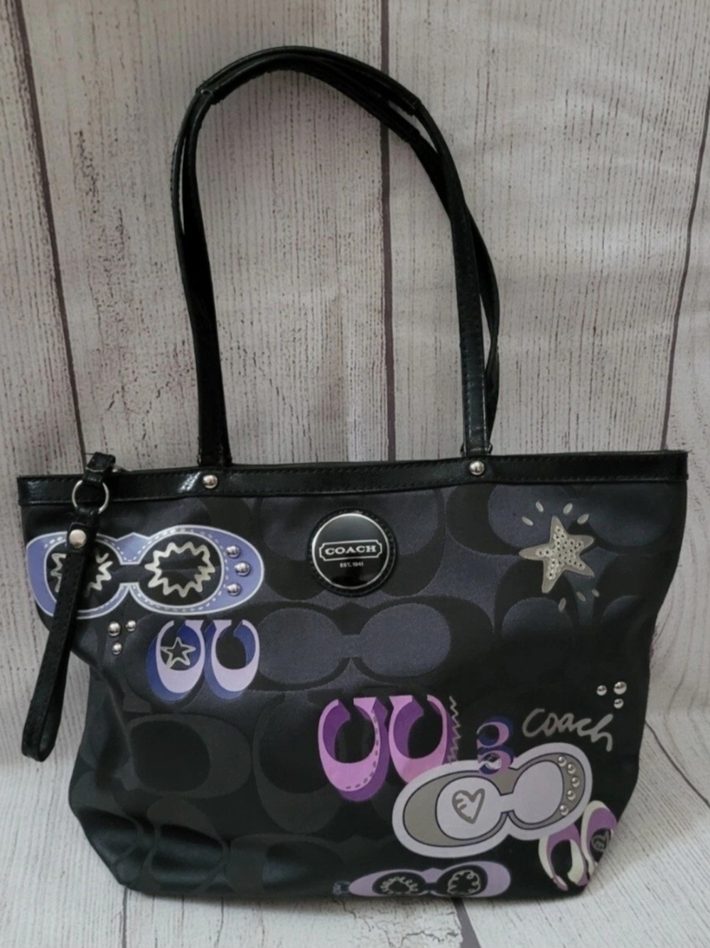 Coach Daisy Pop Black Tote Purse with Purple Graphic Accents